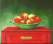 Kunstwerk realistisch stilleven: schaal met appels op rood kastje