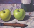 Kunstwerk Stilleven van appels, mes en fles