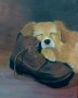 Kunstwerk slapende pup met schoen