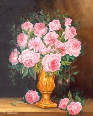 Roze rozen in koperen vaas