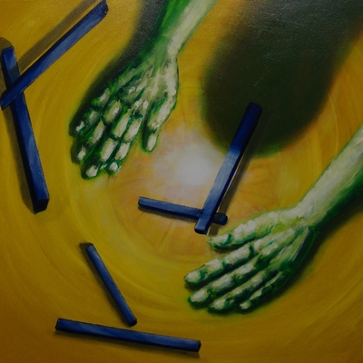 Gele tafel met blauwe rechthoeken Gele tafel met blauwe rechthoeken