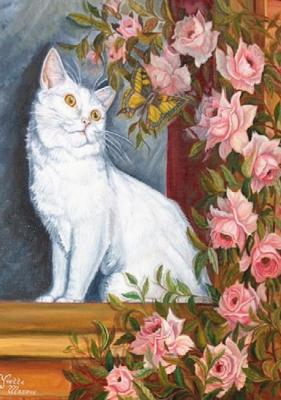 Witte kat op vensterbank met rozen