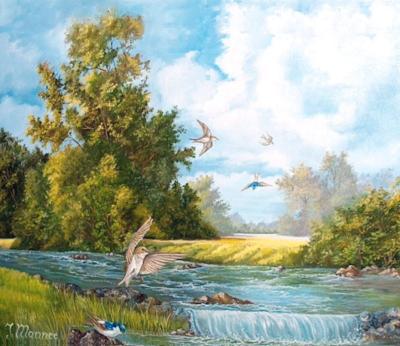 Landschap met vogels en waterval Landschap met vogels en waterval