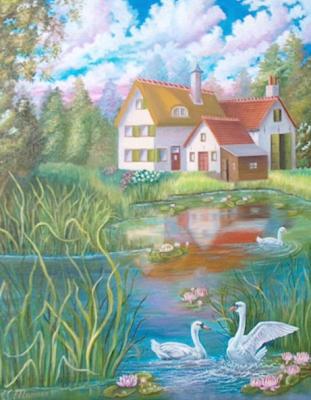 Huis aan het water met zwanen en waterlelies