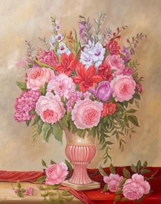 Bloemstilleven met rozen, gladiolen en rode doek
