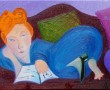 Kunstwerk vrouw op donkerrode sofa