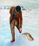 Kunstwerk man in sneeuw met vis