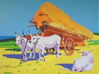 three oxen and haycart