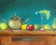 Kunstwerk klassiek stilleven: koper en fruit op tafel