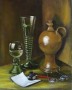 Kunstwerk klassiek stilleven: antiek glas met hongaarse wijnkruik