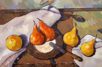 Stilleven van peren, mes en bord 2