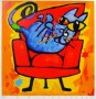 Kunstwerk Blauwe poes in rode stoel