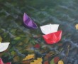 papieren bootjes in een waterstroompje Kunstwerk papieren bootjes in een waterstroompje