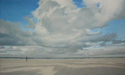 maart groet Slank Dick van Belle - (124) wolken, strand en paaltje (schilderijen/olieverf)