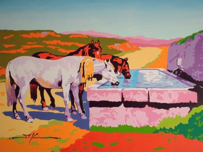 three horses drinking at fountain three horses drinking at fountain