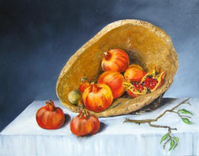 realistisch stilleven: granaatappels op schaal van kurk realistisch stilleven: granaatappels op schaal van kurk