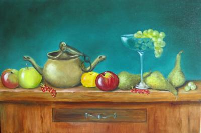 klassiek stilleven: koper en fruit op tafel klassiek stilleven: koper en fruit op tafel