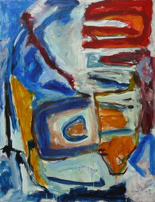 'Over de Dingen' - groot abstract schilderij in blauw / rood 'Over de Dingen' - groot abstract schilderij in blauw / rood