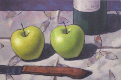 Stilleven van appels, mes en fles Stilleven van appels, mes en fles