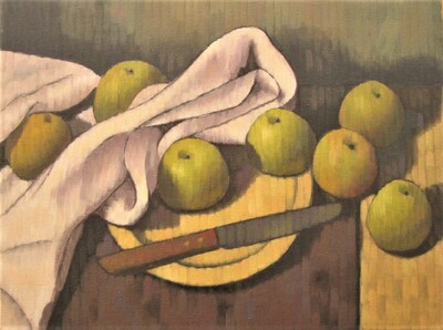 Appels met doek, bord en mes Appels met doek, bord en mes