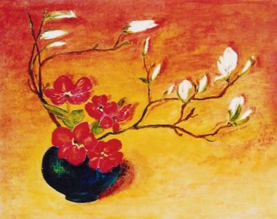 bloemstilleven:vaas tulpen met magnoliatak bloemstilleven:vaas tulpen met magnoliatak
