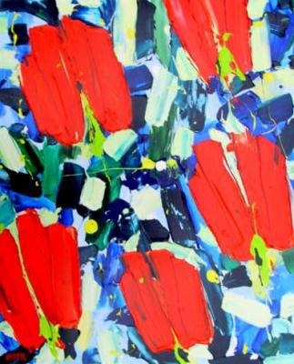 ~ 5 rode Tulpen - acrylverf op linnen - (100x80) ~ ~ 5 rode Tulpen - acrylverf op linnen - (100x80) ~