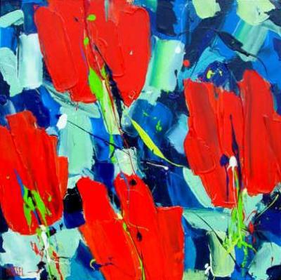 ~ 4 Rode Tulpen - acrylverf op linnen - (60x60) ~ ~ 4 Rode Tulpen - acrylverf op linnen - (60x60) ~